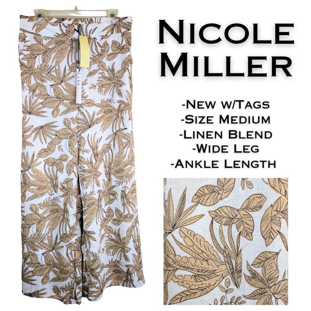Nicole Miller Linen Blend Wide Leg Pants Large Tan Tropical Leaf High Rise NEW
